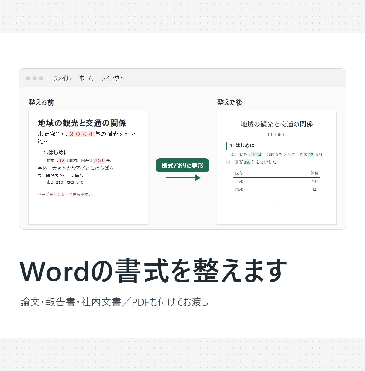 Wordの論文・報告書を指定の様式に整えます 余白・字体・見出し・表を様式どおりに。PDFも付けます イメージ1