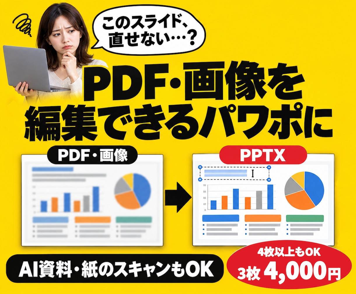 PDF・画像のスライドを編集できるパワポにします AI資料・紙のスキャンもOK｜文字を打ち直して直せる形に イメージ1