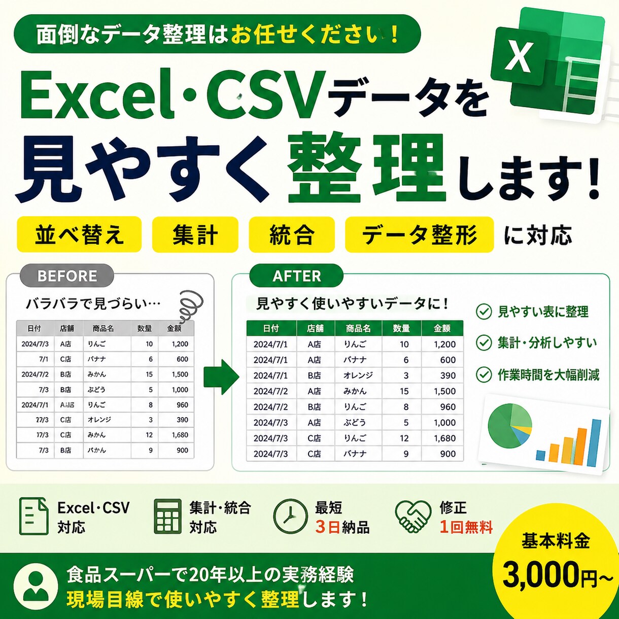Excel・CSVデータを見やすく整理します 並べ替え・集計・統合・データ整形に対応 イメージ1