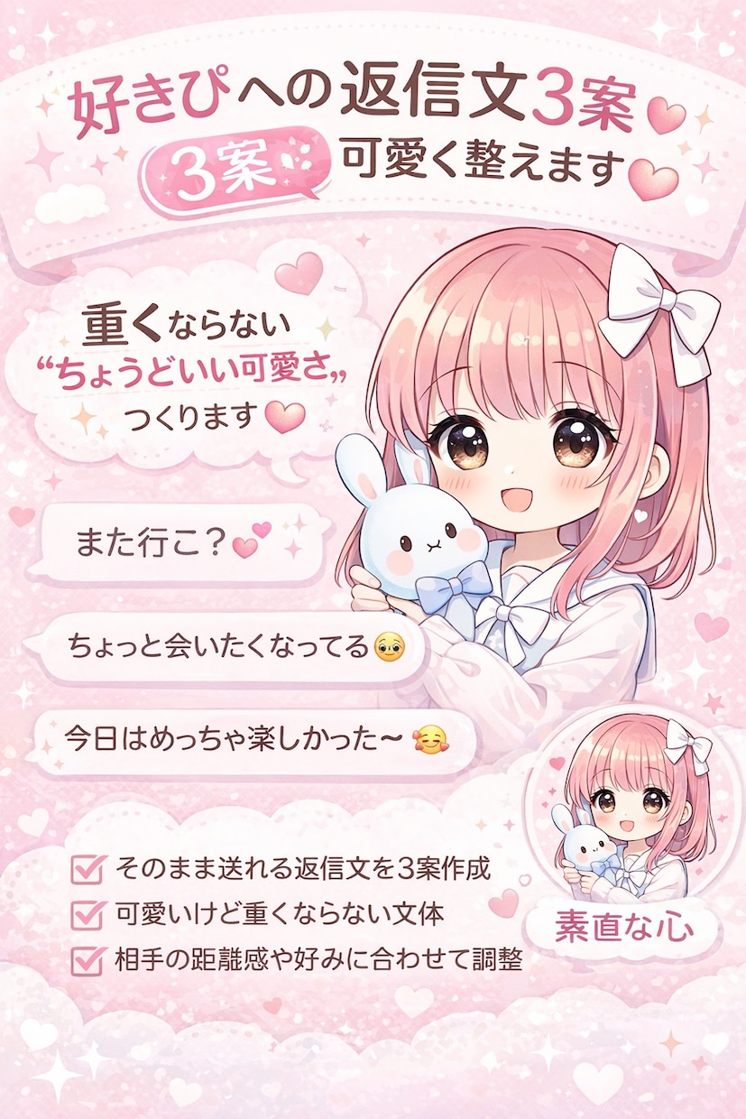 好きぴへの返信文3案作ります♡可愛く整えます 重くならない“ちょうどいい可愛さ”、つくります♡ イメージ1