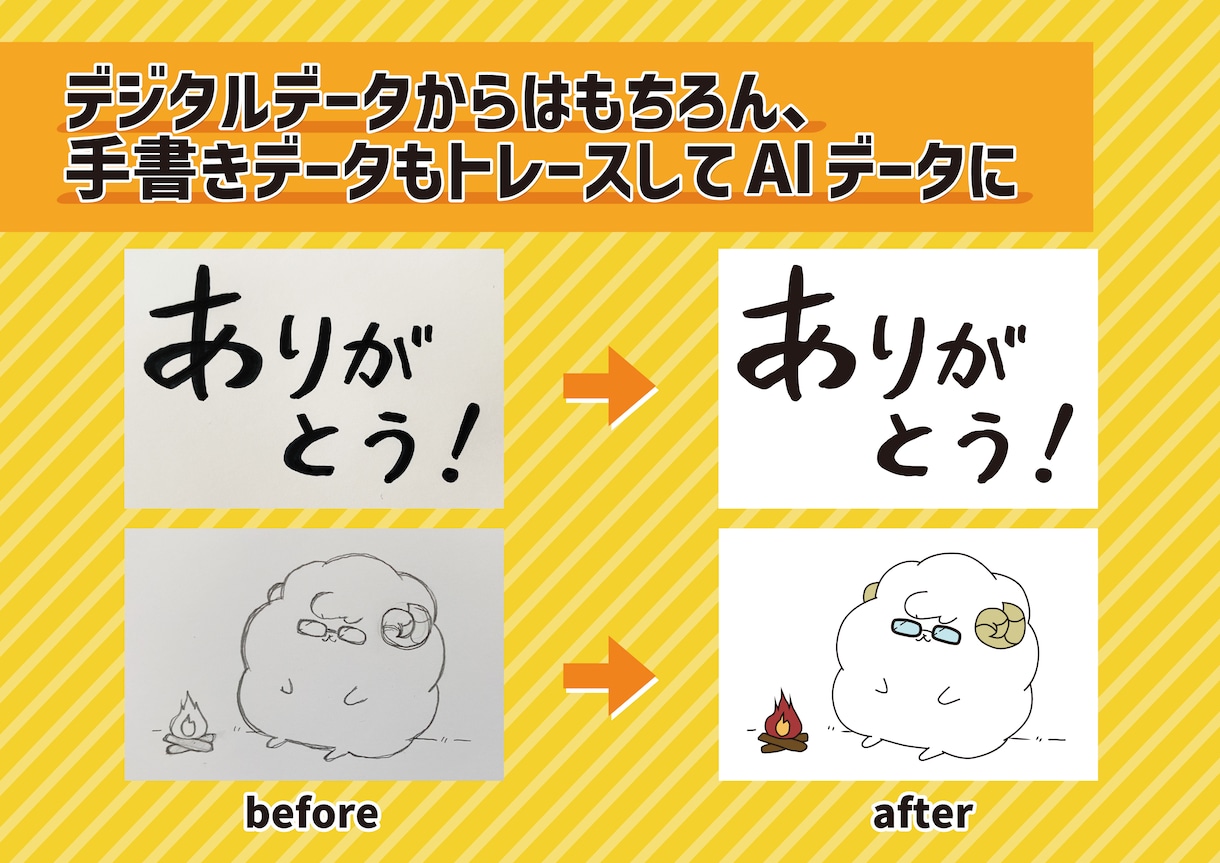 手描きの絵やロゴ、粗い画像をAIデータ化します 納品したaiデータは販促品やグッズの印刷データに使用できます イメージ2