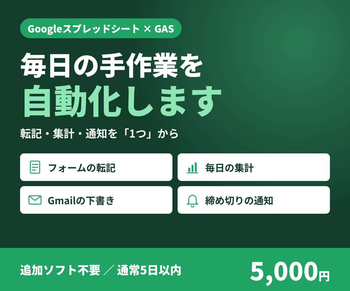 スプレッドシートの手作業を自動化します GASで転記・集計・通知を1つ自動化。毎日の手間を減らす イメージ1