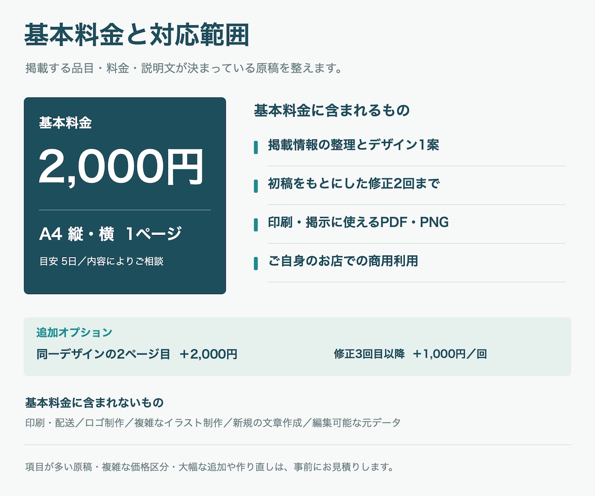 個人店の料金表・メニュー表を見やすく整えます 手書き・写真からA4一枚に。修正2回・PDF納品 イメージ5