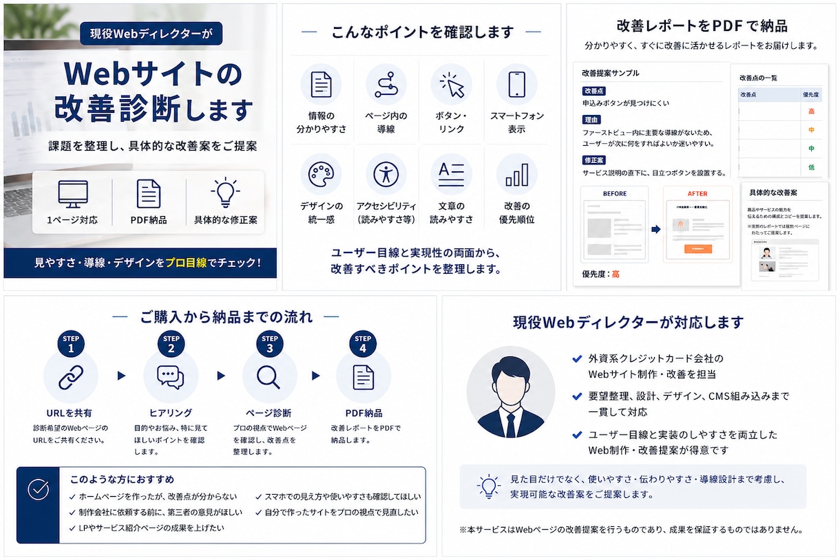 現役WebディレクターがWebページを診断します 見やすさ・導線・デザインの具体的な改善をお伝えします。 イメージ1
