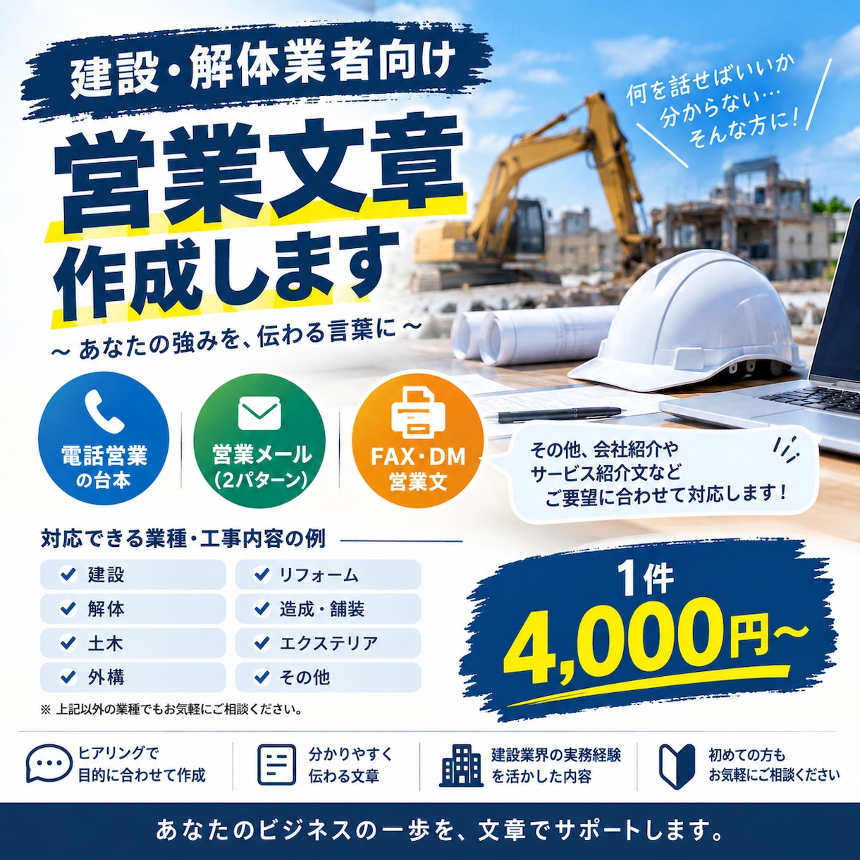 建設・解体業者向けの営業文章を作成します 営業が苦手な建設・解体業者様向けに営業文を作成します イメージ1