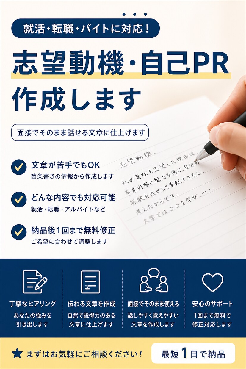 志望動機・自己PRをあなたの代わりに作成します 面接でそのまま話せる文章を作成します イメージ1