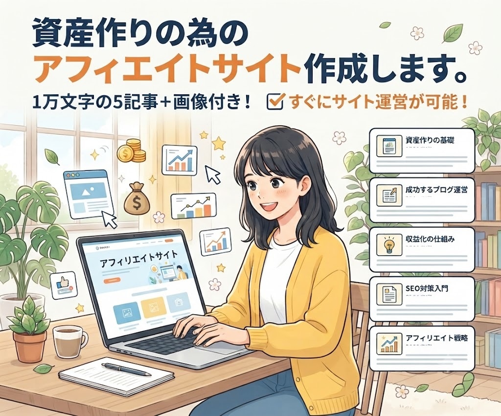 資産作りの為のアフィリエイトサイト作成します ★1万文字の5記事+画像付き！すぐにサイト運営が可能！！ イメージ1