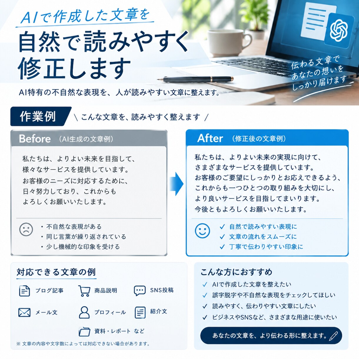 AI文章を自然で読みやすく修正します AI特有の不自然な表現を人が読みやすい文章に整えます イメージ2