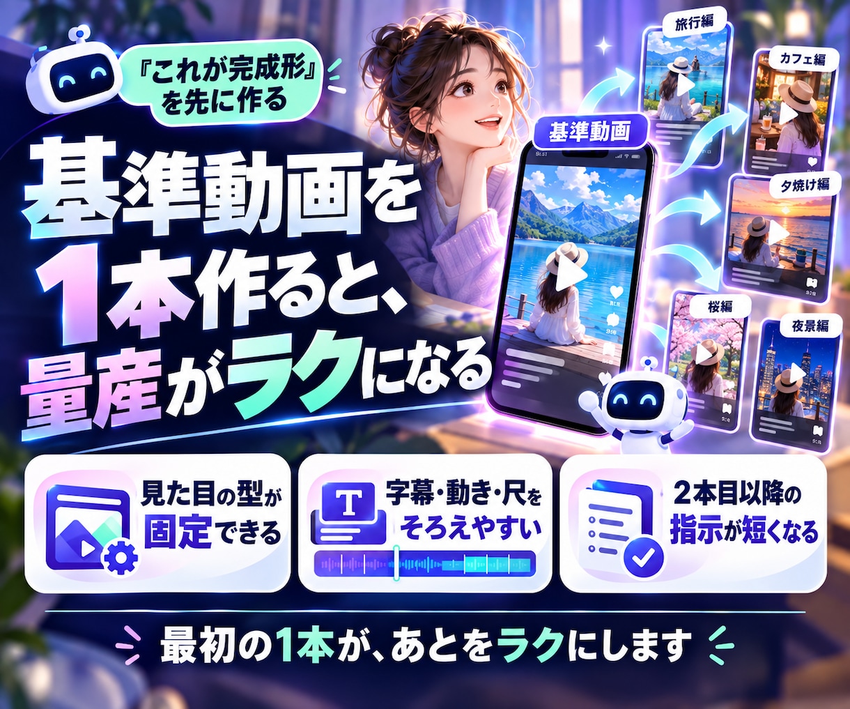 顔出し不要｜AIショート動画量産の仕組みを教えます 投稿を7工程に分け、最初の1本を基準動画として半自動化します イメージ7