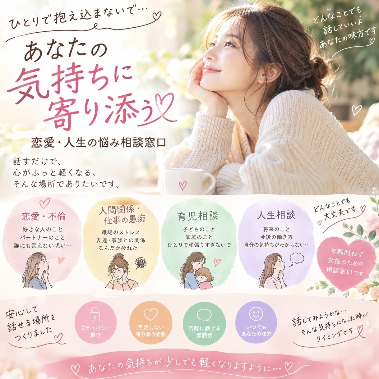 誰かとちょこっと話したい！どんな話も聞きます 恋愛/浮気/不倫/W不倫/人間関係/育児/仕事/愚痴 イメージ2