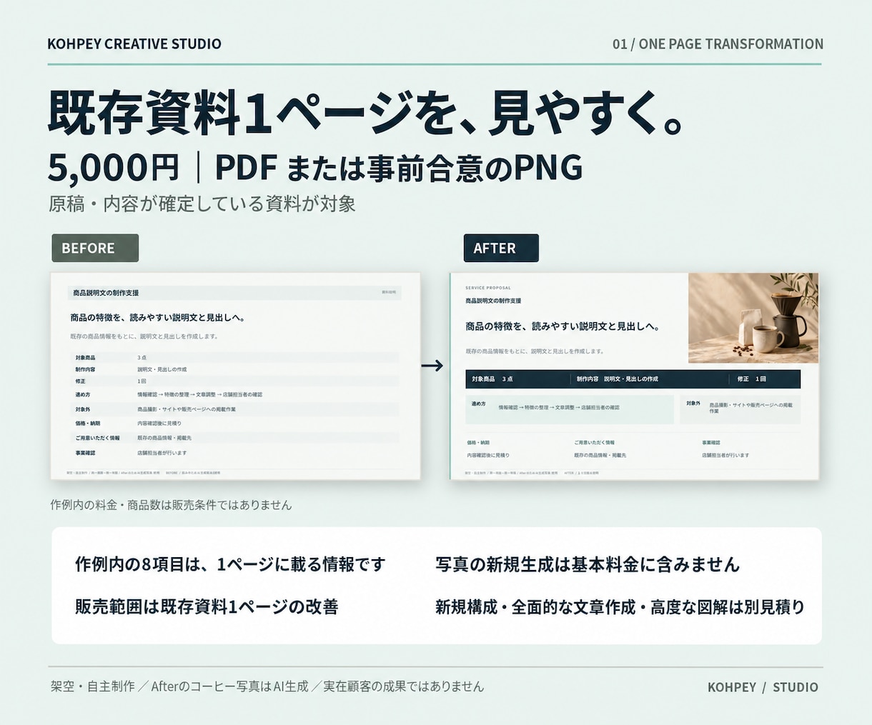 既存資料1枚を見やすく整えます 原稿確定済み1ページを、読みやすい資料へ イメージ1