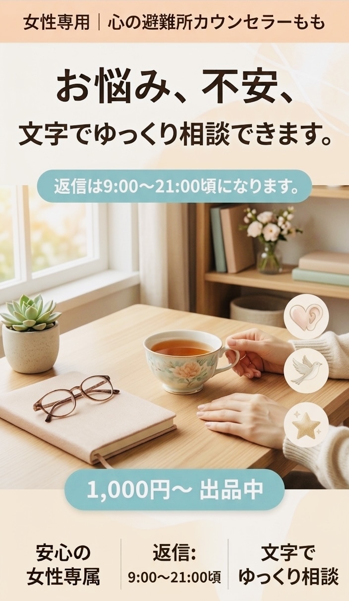 女性限定｜悩みや不安やさしく聞きます ひとりで抱えず話せる安心の場所です イメージ1