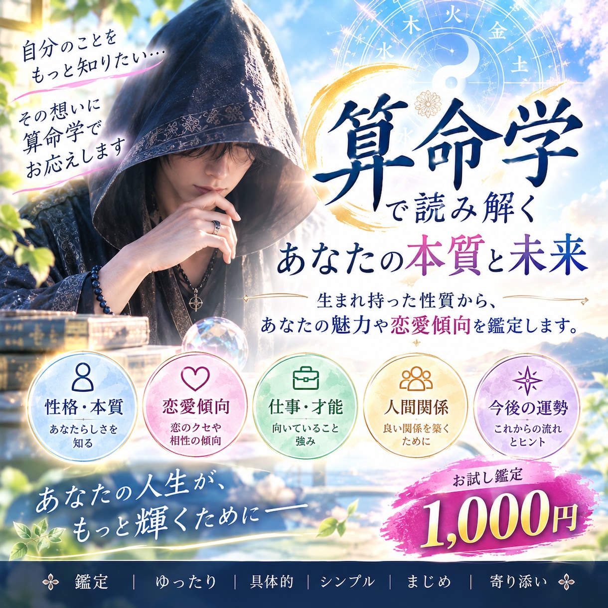 算命学であなたの恋愛傾向と本質を読み解きます 生まれ持った性質から、あなたの魅力や恋愛傾向を鑑定します。 イメージ1
