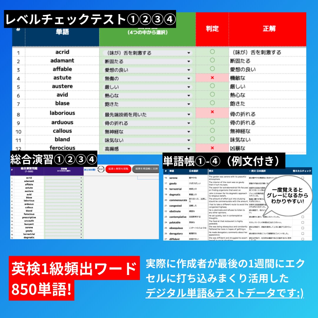 英検1級ボキャブラリ暗記エクセルをプレゼントします 単語帳だけじゃ足りないかもと思ったら。本より確実、情報豊富！ イメージ3