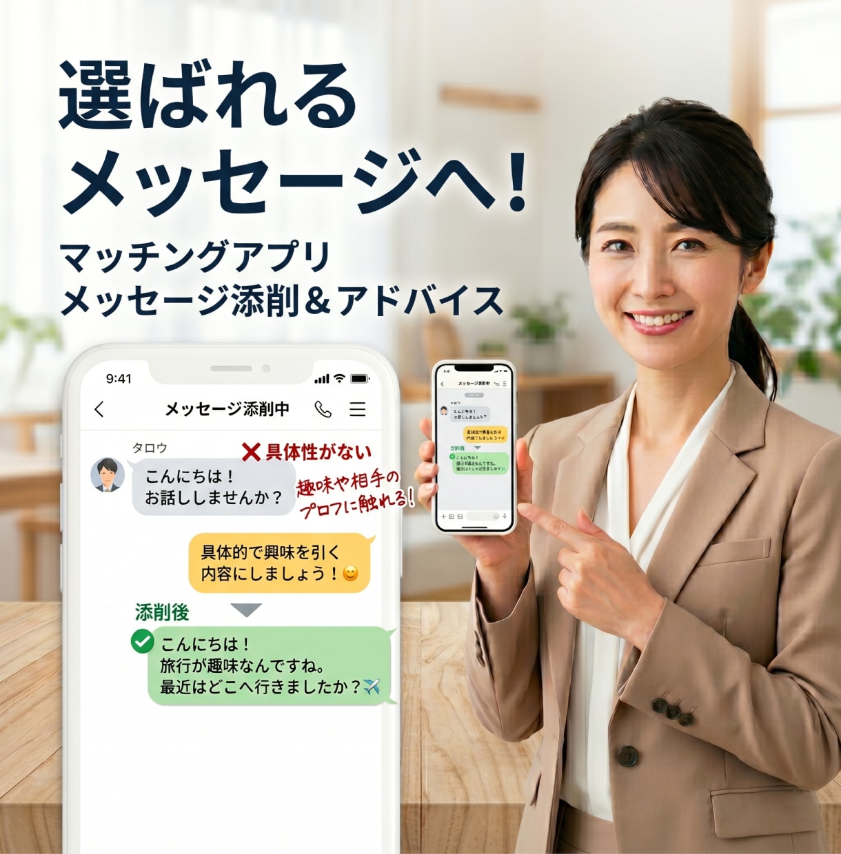 マッチングアプリのメッセージ添削をします 会うまでのやり取りを女性目線でサポート イメージ1