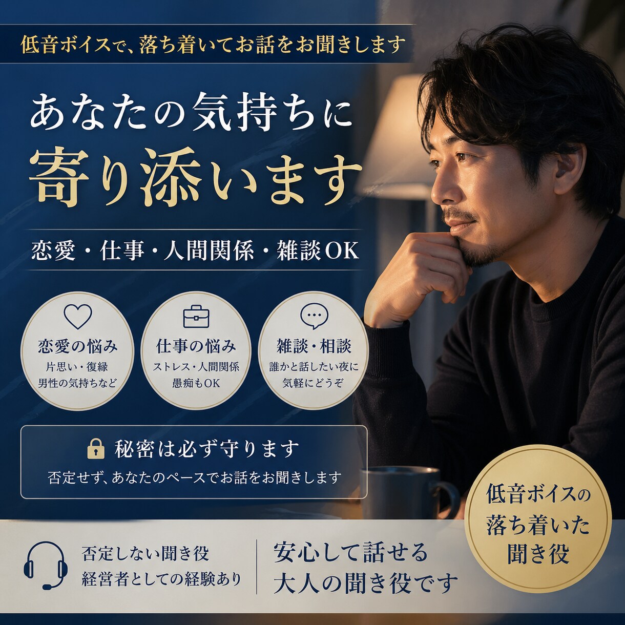 女性限定】悩み事相談、雑談、恋の悩みなど聞きます 低音ボイス｜否定せず優しく話を聞きます（恋愛・仕事OK） イメージ1