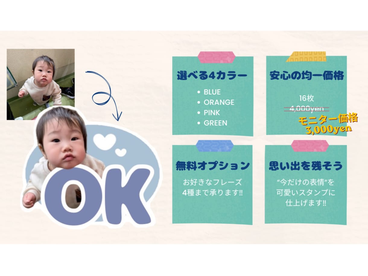 お子さまの写真から、LINEスタンプを作成します 笑顔も、泣き顔も、変顔も、可愛い瞬間をLINEスタンプに！ イメージ2