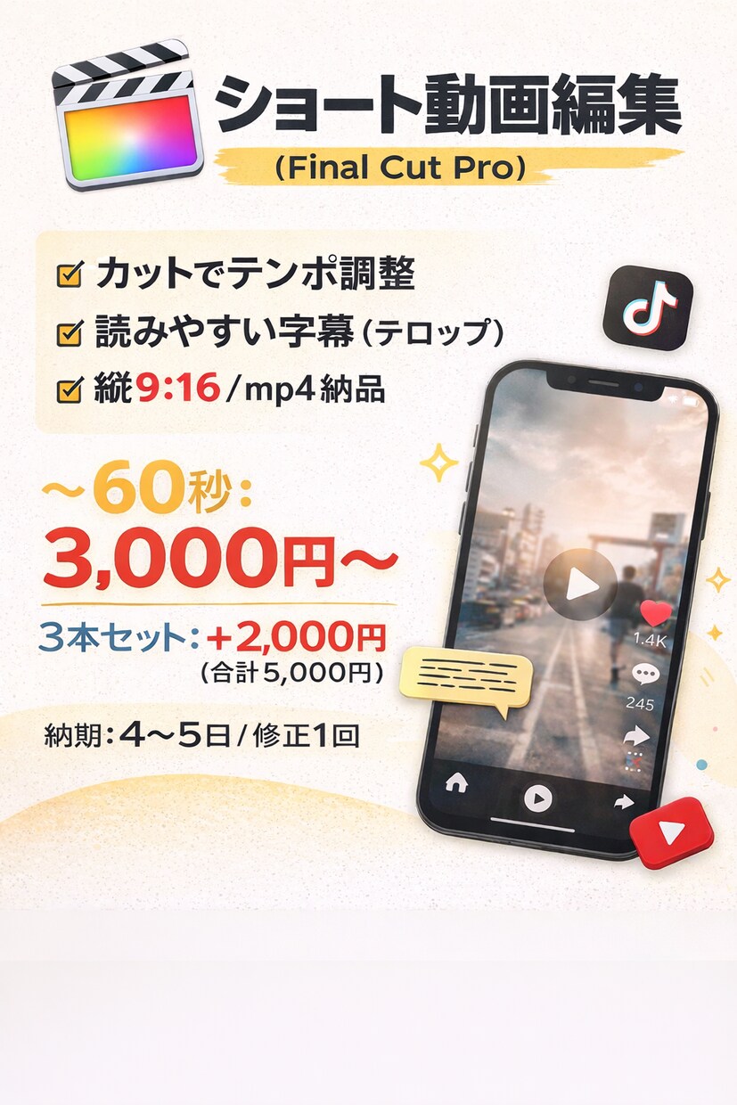 ショート動画をカット+字幕で編集します テンポ調整＋読みやすいテロップ イメージ1