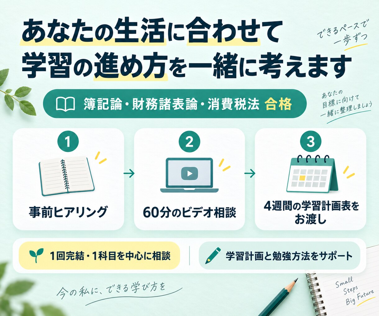 税理士試験の学習計画を60分で一緒に作ります 税理士・会計事務所勤務の方へ|消費税法を中心に簿財も対応 イメージ3