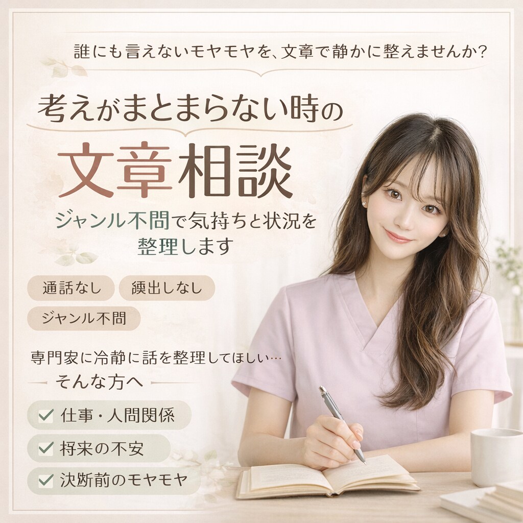 看護師に文章相談|ジャンル不問でお話聞きます 誰にも言えないモヤモヤを、文章で静かに整えませんか？ イメージ1
