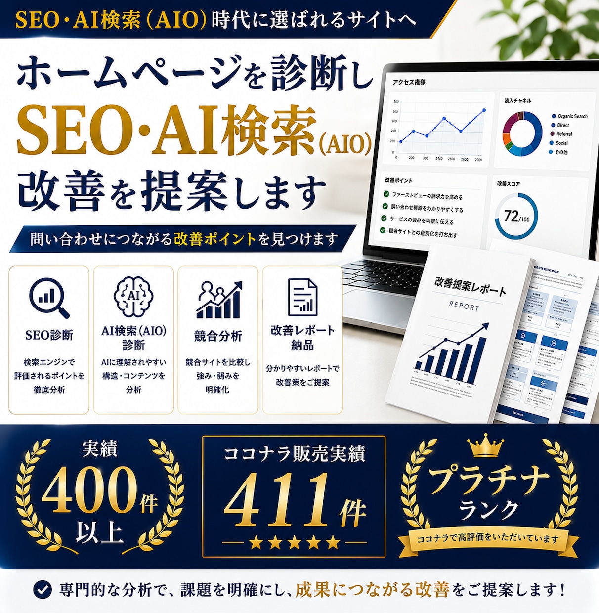 ホームページを診断しSEO・AIO改善を提案します Google検索とAI検索の両方で選ばれるサイトへ改善します イメージ1