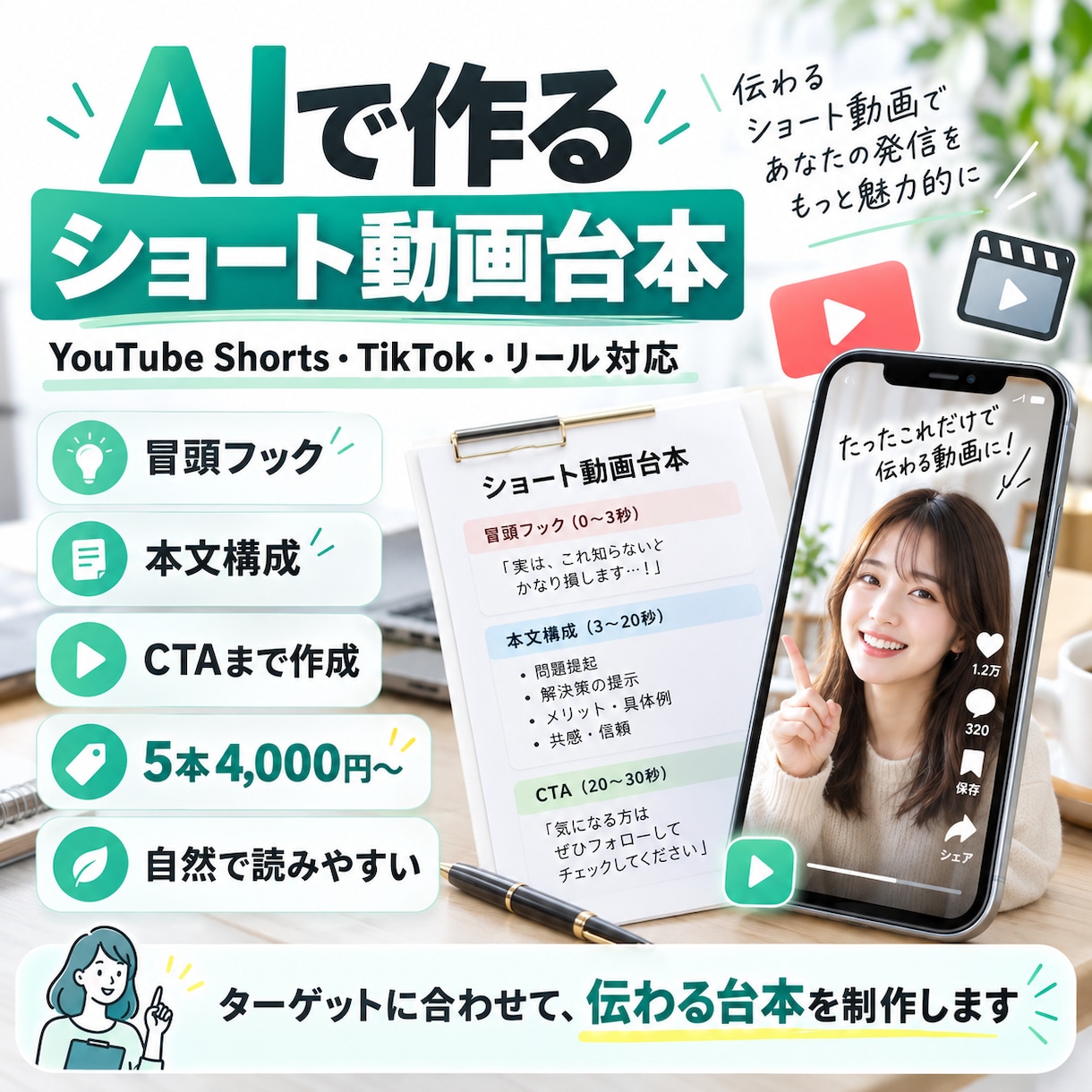 ショート動画の台本を作成します フックからCTAまで伝わる構成で仕上げます イメージ1