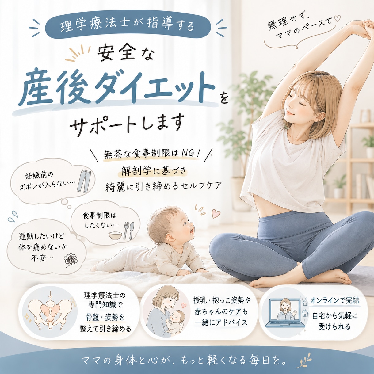 理学療法士が安全な産後ダイエットを指導します 産後限定！30分で解剖学に基づき綺麗に引き締めるセルフケア！ イメージ1