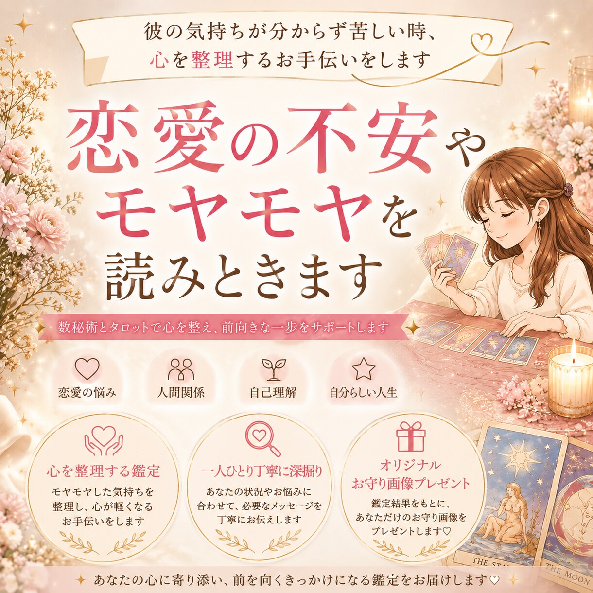 占ってみたいけど少し不安…恋愛の悩みを整理します 占いが初めての方も安心♡彼の気持ちや今後を丁寧に読み解きます イメージ1