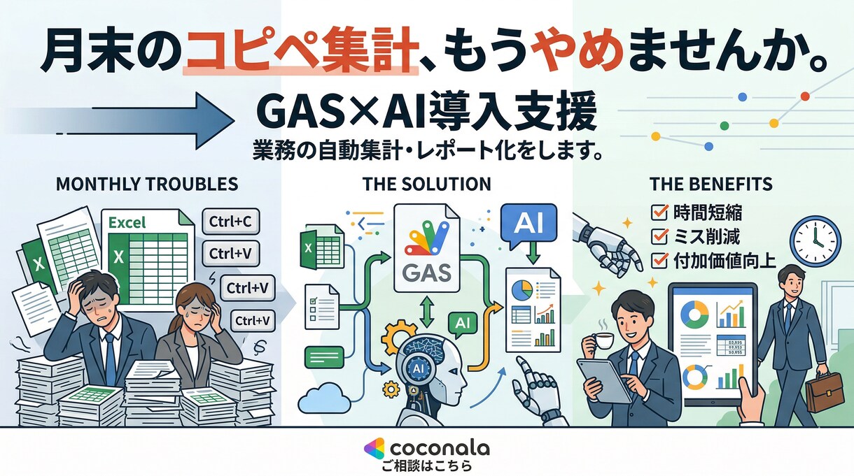 GAS×AI導入支援。自動集計・レポート化をします 月末のコピペ集計、もうやめませんか？ イメージ1