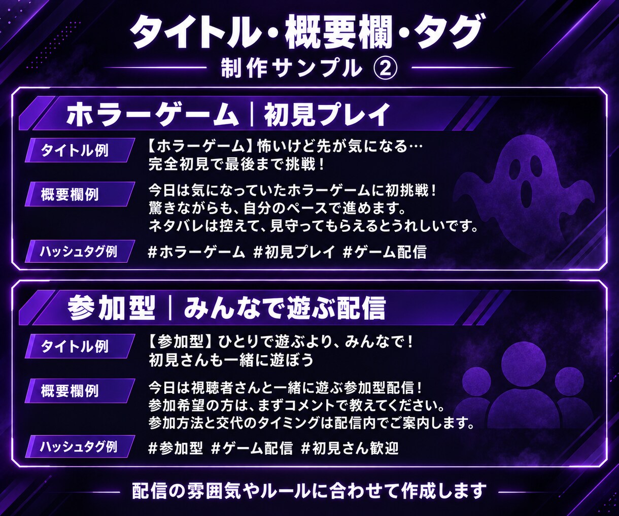 ゲーム配信のタイトル・概要欄・タグを作ります 配信準備をまとめてお手伝い！サムネ制作は追加オプションで対応 イメージ3
