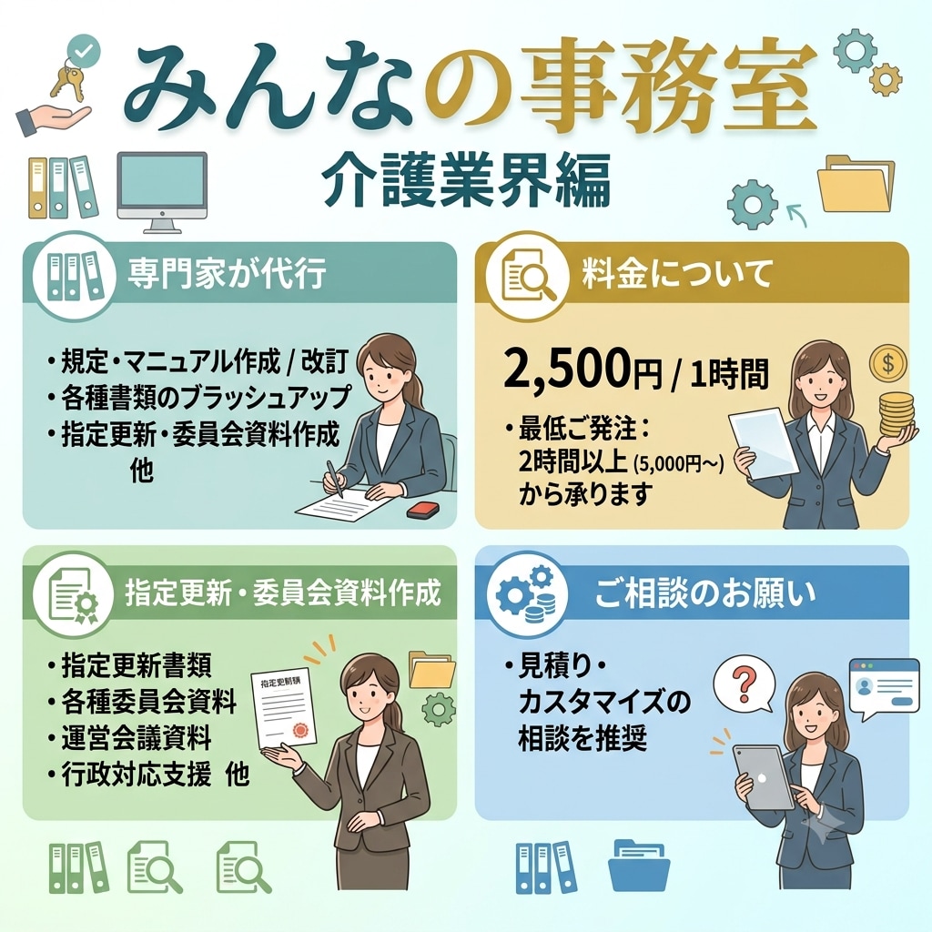 介護・福祉の専門家が書類作成等業務を代行します 各種規程・マニュアル等作成、報告書・議事録のブラッシュアップ イメージ2
