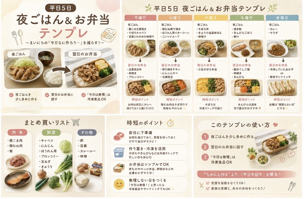 もう献立考えない｜平日5日分考えます 「今日なに作ろう」を減らしたい方向け夜ごはん＋翌日のお弁当 イメージ1