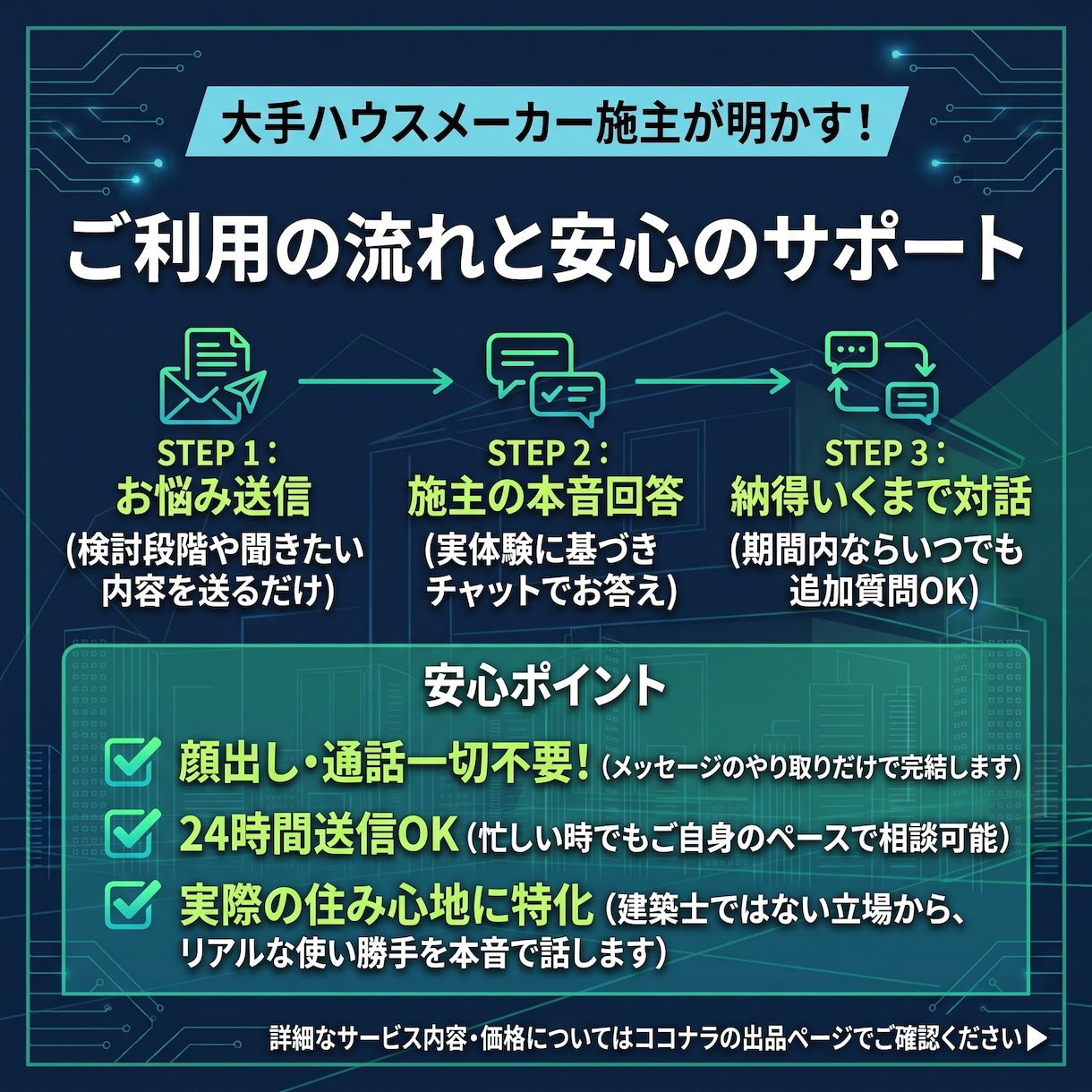 注文住宅施主が家づくりの疑問にテキストで答えます ​顔出し・通話不要！メーカー比較や見積・間取をチャット相談 イメージ4