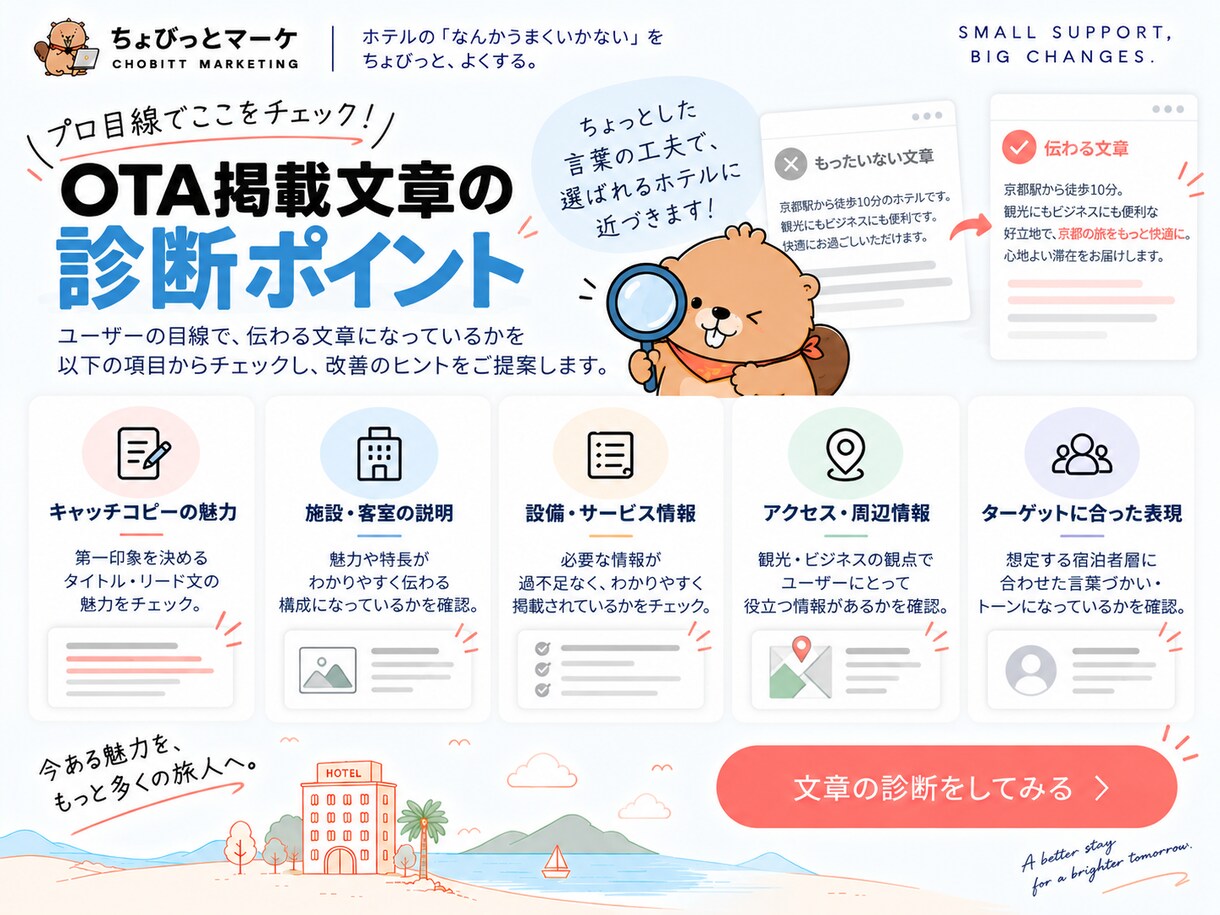 ホテル・宿泊施設のOTA掲載文章を診断します その文章で魅力伝わってる？埋もれている施設の魅力を見つけます イメージ4