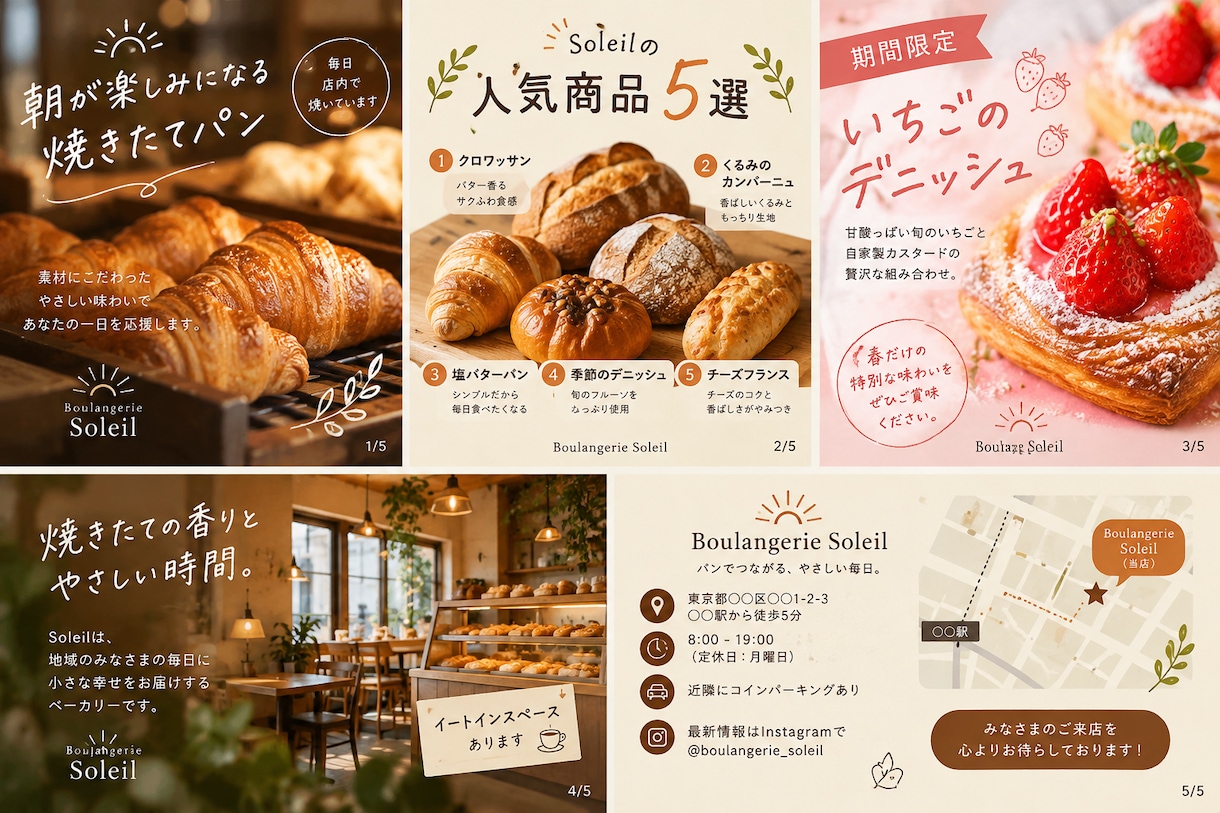 Instagram投稿画像5枚を制作します 飲食店・美容室など幅広い業種に対応！ イメージ1