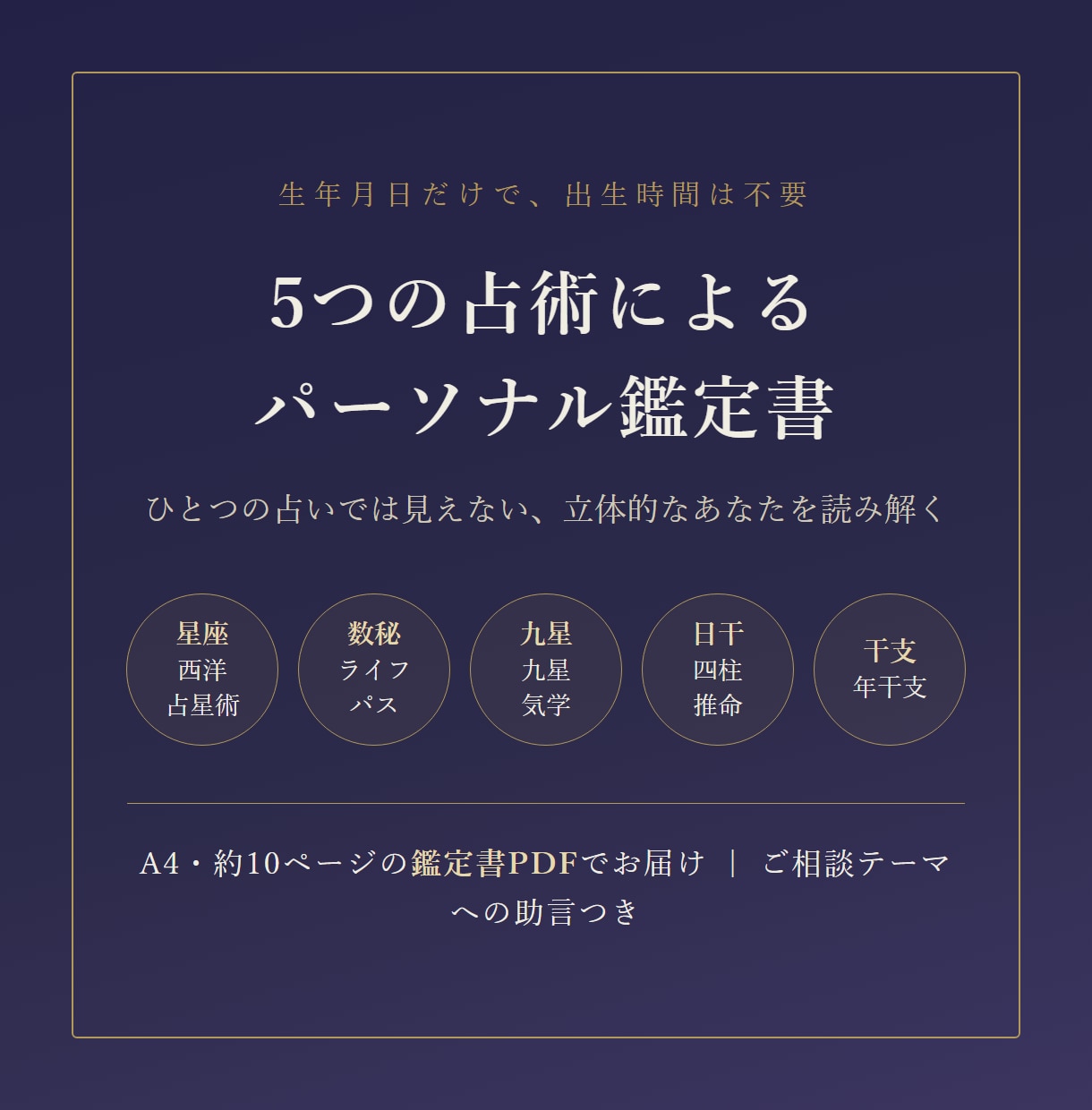 5つの占術を統合した鑑定書をお作りします 星座・数秘・九星・四柱推命・干支。5つの視点を一冊に イメージ1