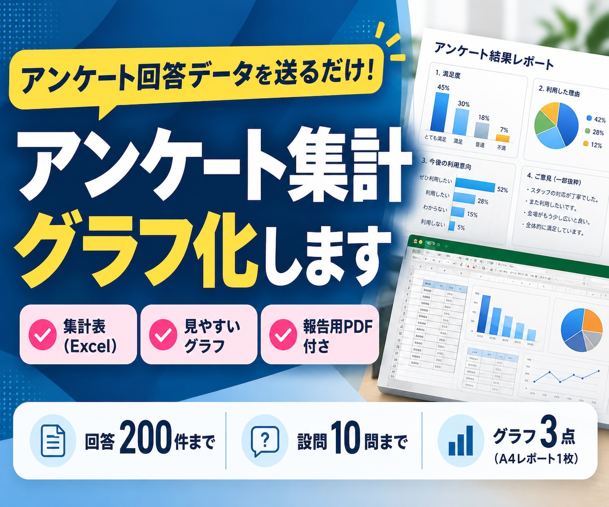 アンケート結果を集計・グラフ化します アンケート回答結果を送るだけ！集計表＋報告用PDF1枚納品 イメージ1