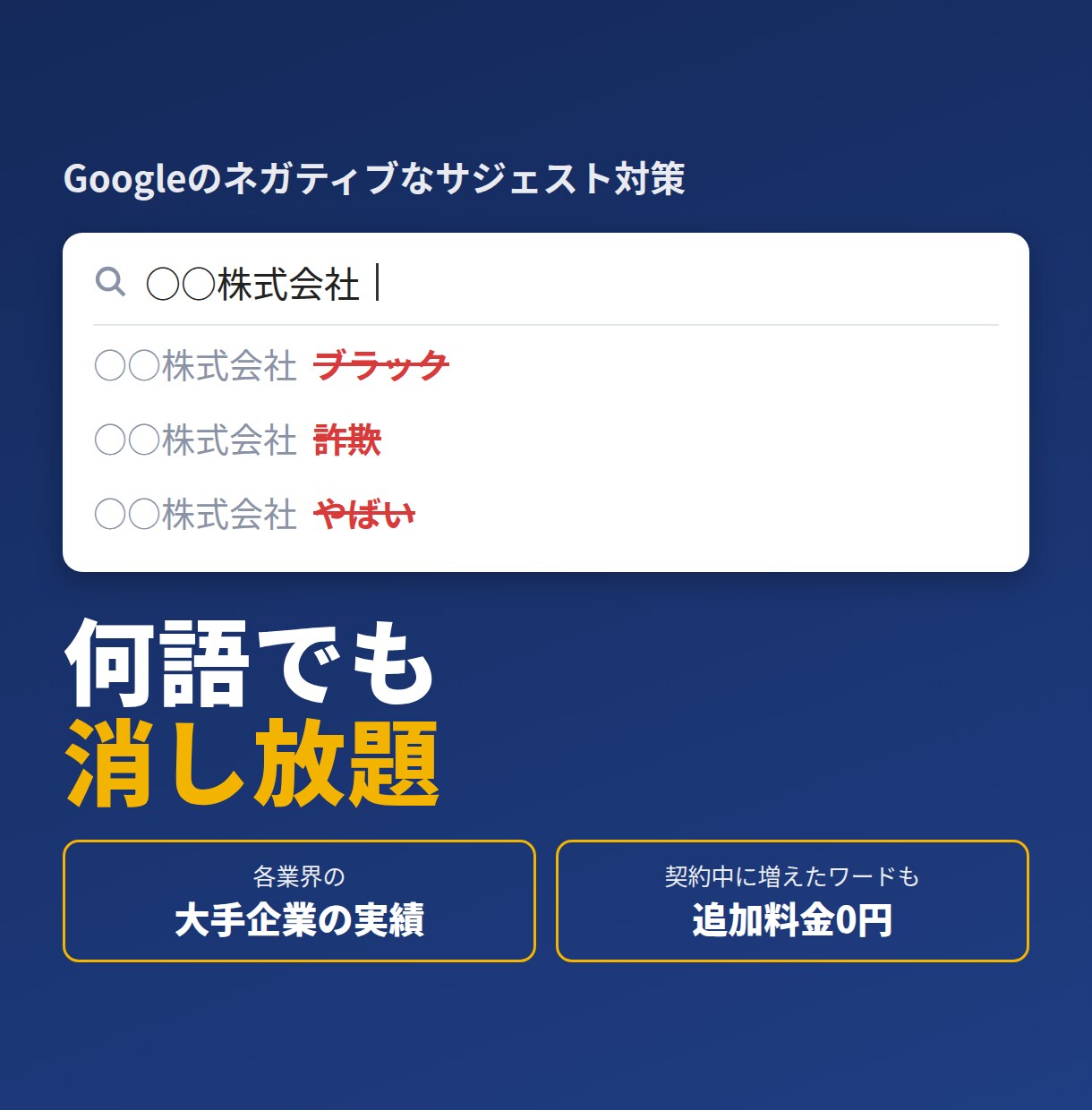 大手企業対応実績｜ネガティブワードを対策します ネガティブワード何語でも対策し放題｜3ヶ月〜契約 イメージ1