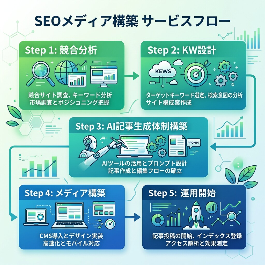 AI記事量産の仕組みごとメディアを構築します 320記事以上運営の実績。AI×SEOメディアを丸ごと納品 イメージ3