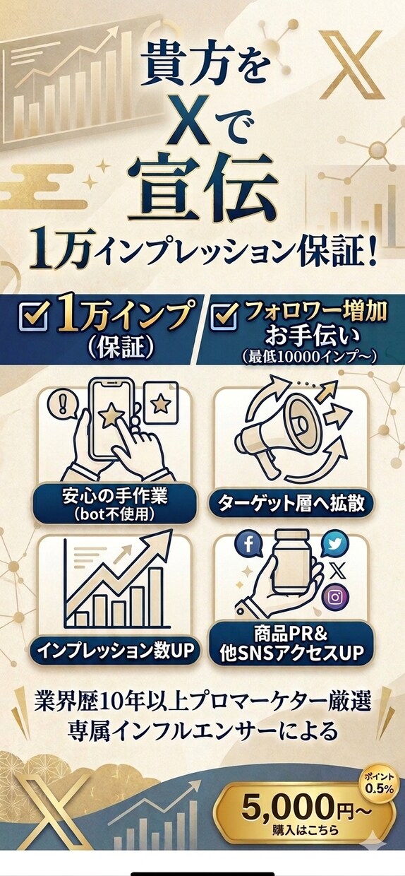 貴方をXで宣伝！1万インプ保証します インプレッション、フォロワーの増加をお手伝いします。 イメージ1