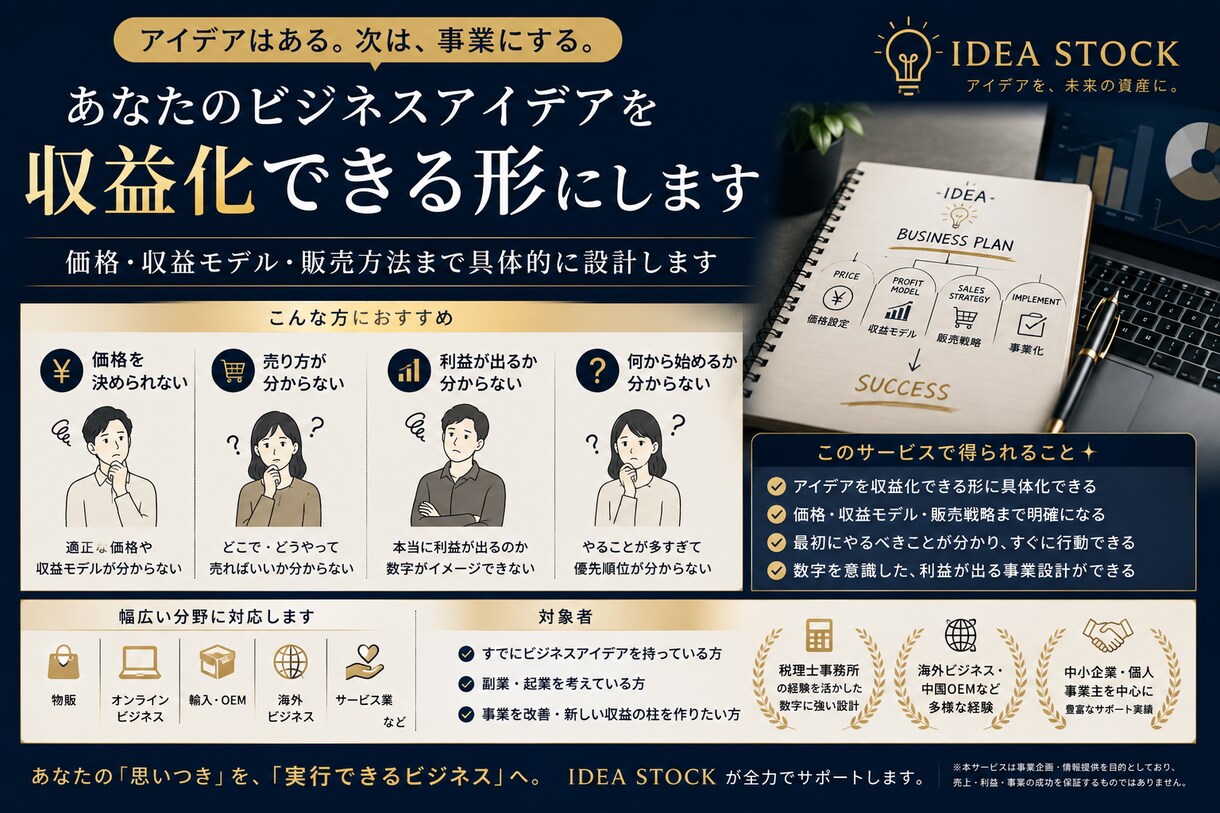 あなたのビジネスアイデアを収益化できる形にします 思いつきを事業へ｜価格・収益モデル・販売方法まで具体的に設計 イメージ4