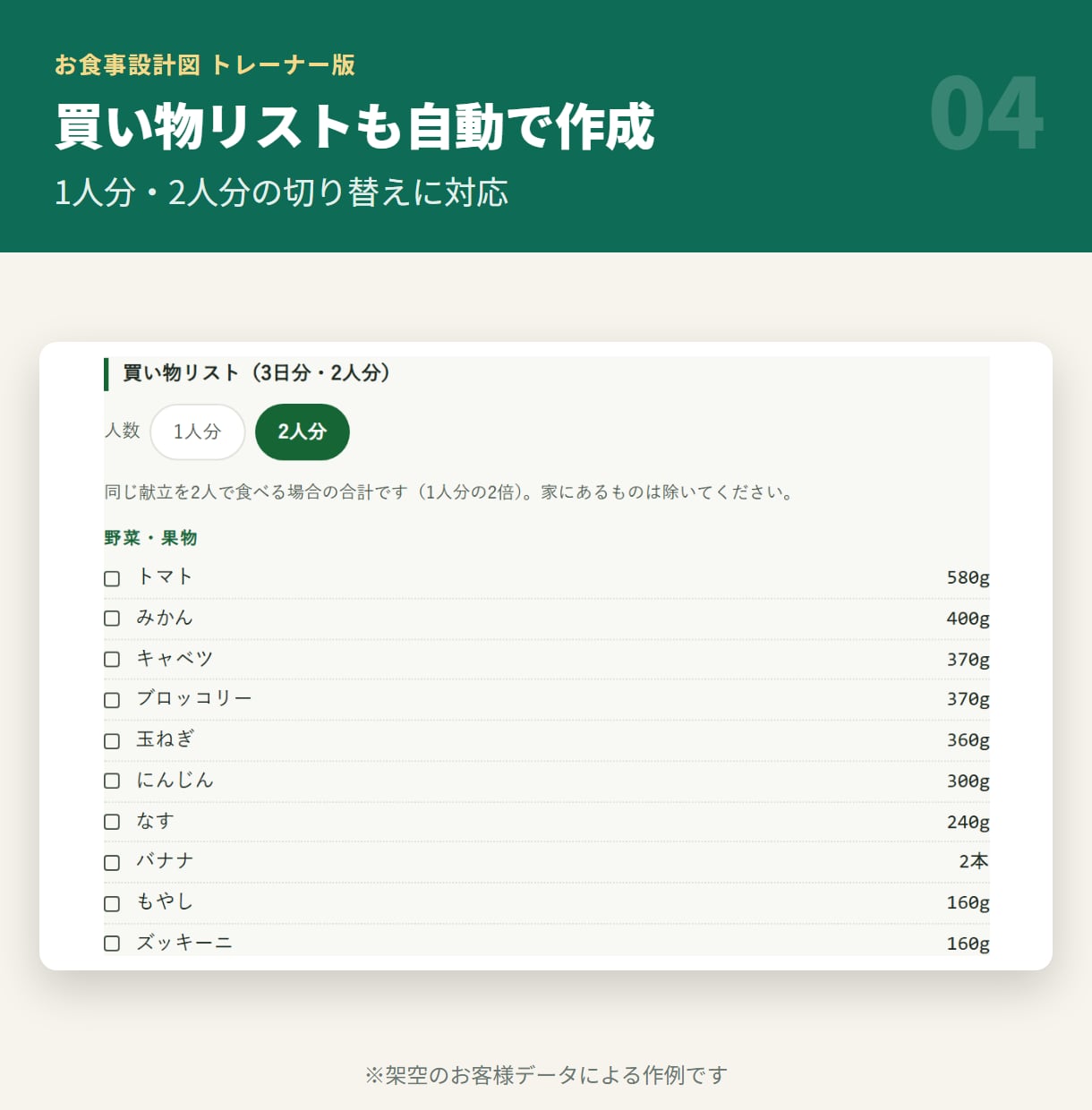 トレーナー向け献立表をPDFで作成できます お食事設計図｜聞き取りながら入力、PDFで渡せる イメージ5