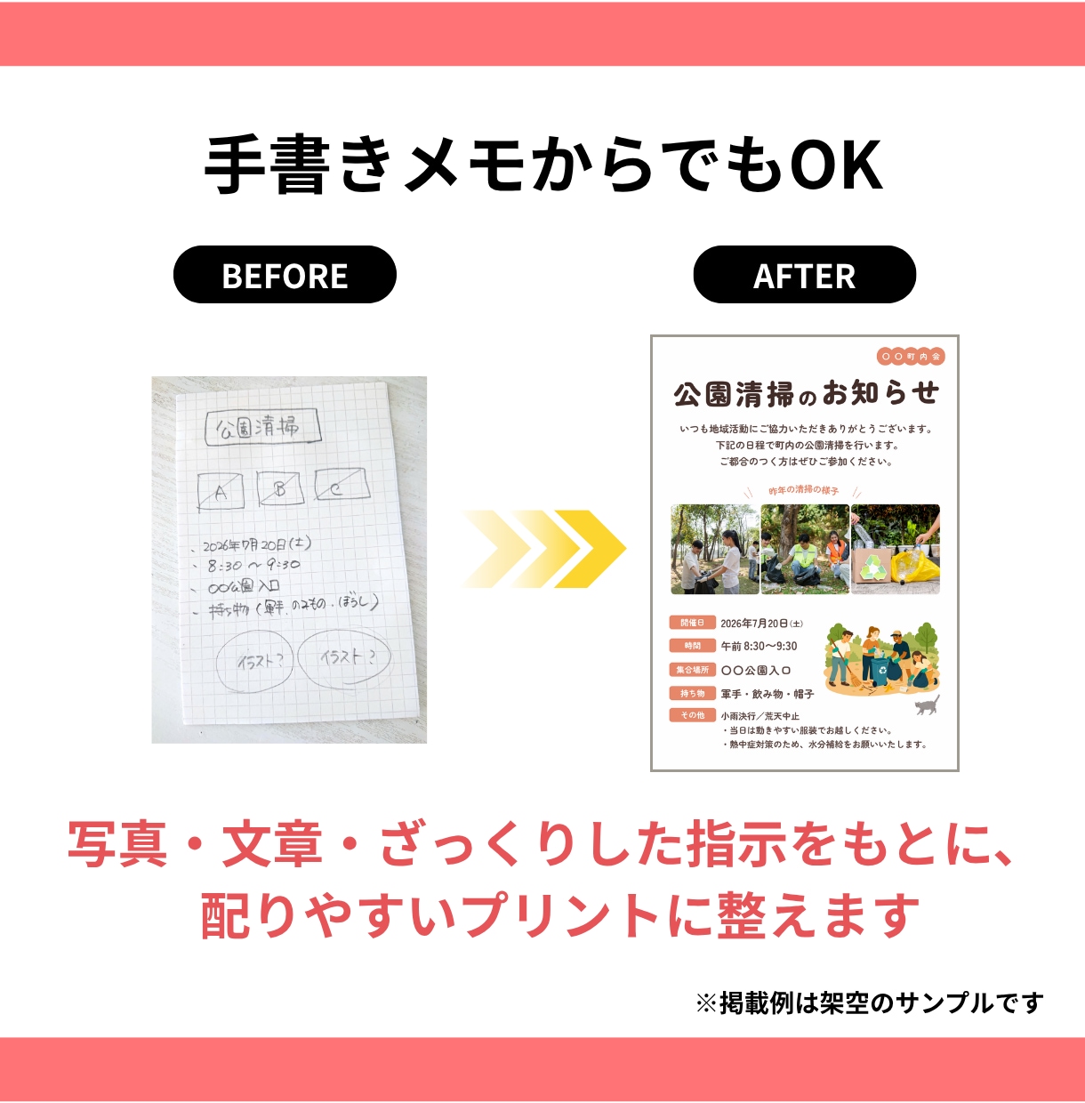 町内会・PTAのお知らせを整えます 手書きメモからA4片面PDFにします イメージ3