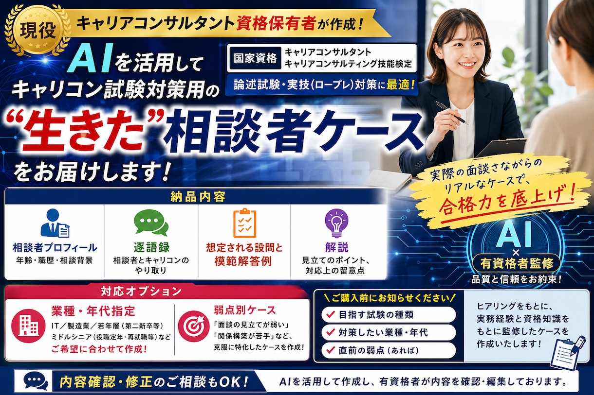 キャリコン AIでケースをオーダーメイドします 有料版AIでキャリコン試験用ケースをご提供します イメージ1
