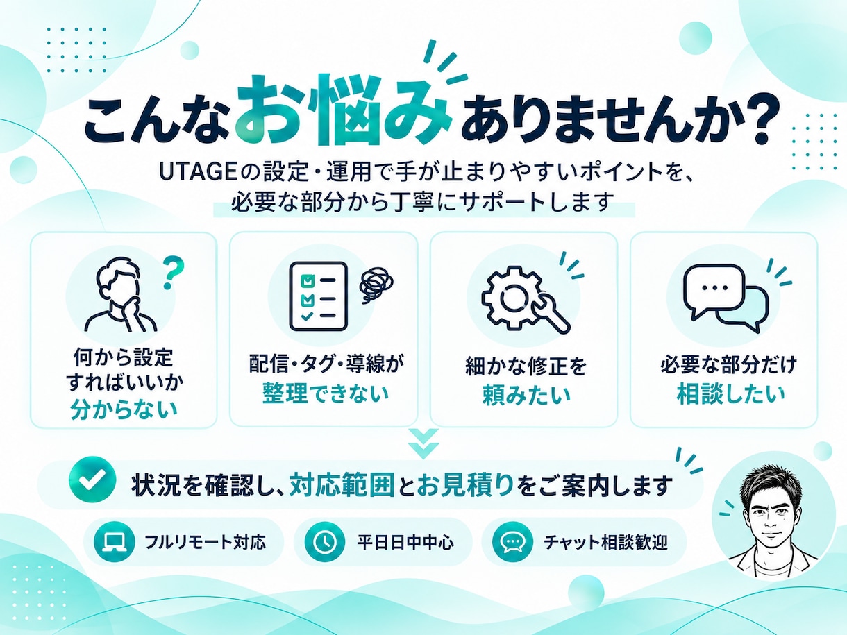 UTAGEの設定・修正を必要な部分から対応します LP・配信・タグ設定など1項目から丁寧に対応 イメージ2
