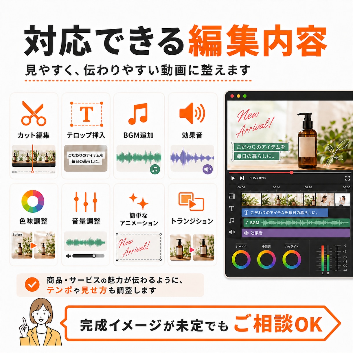 お持ちの素材から、伝わるPR動画を制作します 商品・サービスの魅力を短く分かりやすく動画化します イメージ4