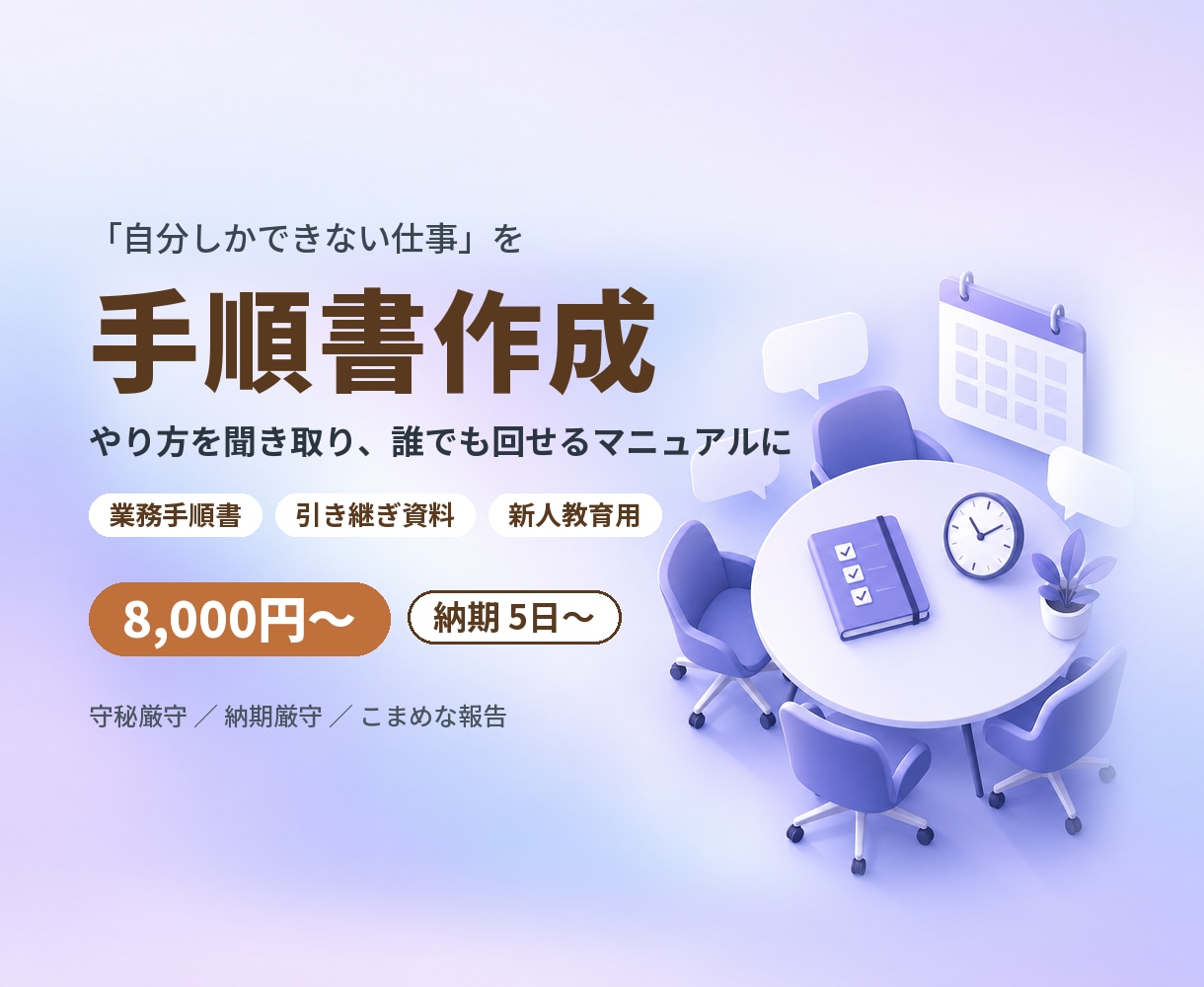 業務マニュアル・手順書を作成します やり方を聞き取り、誰でも回せる手順書に。引き継ぎ・新人教育に イメージ1