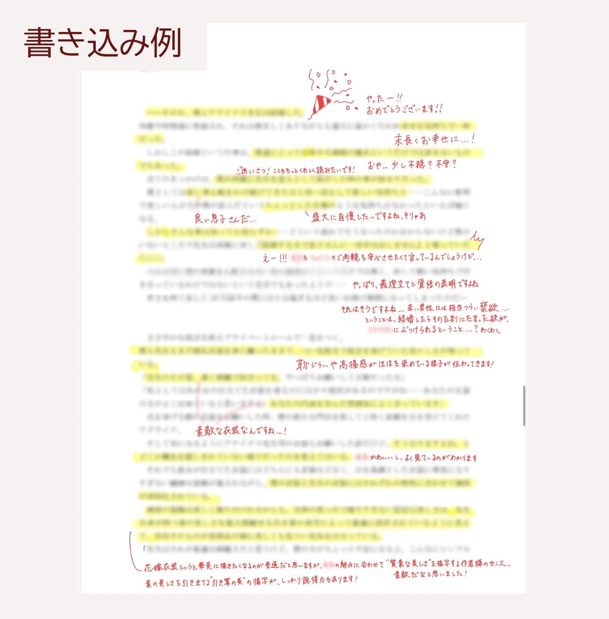 女性向け一次・二次創作小説の感想を書き込みます マーカー引き、書き込みPDFの納品！優しさレベル各種対応可能 イメージ2