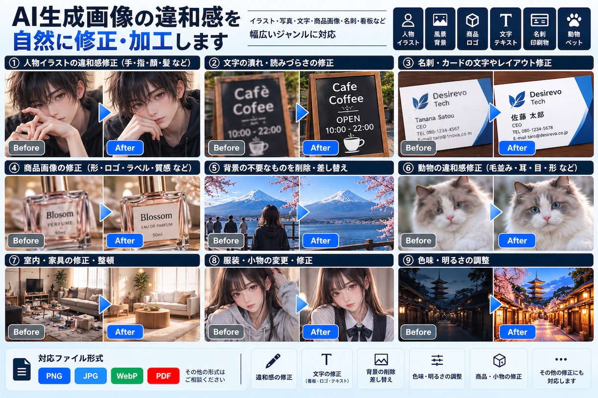 画像、ai画像の違和感を自然に修正・加工します 手・背景・名刺等の気になる部分を修正原則24時間で仕上げます イメージ1