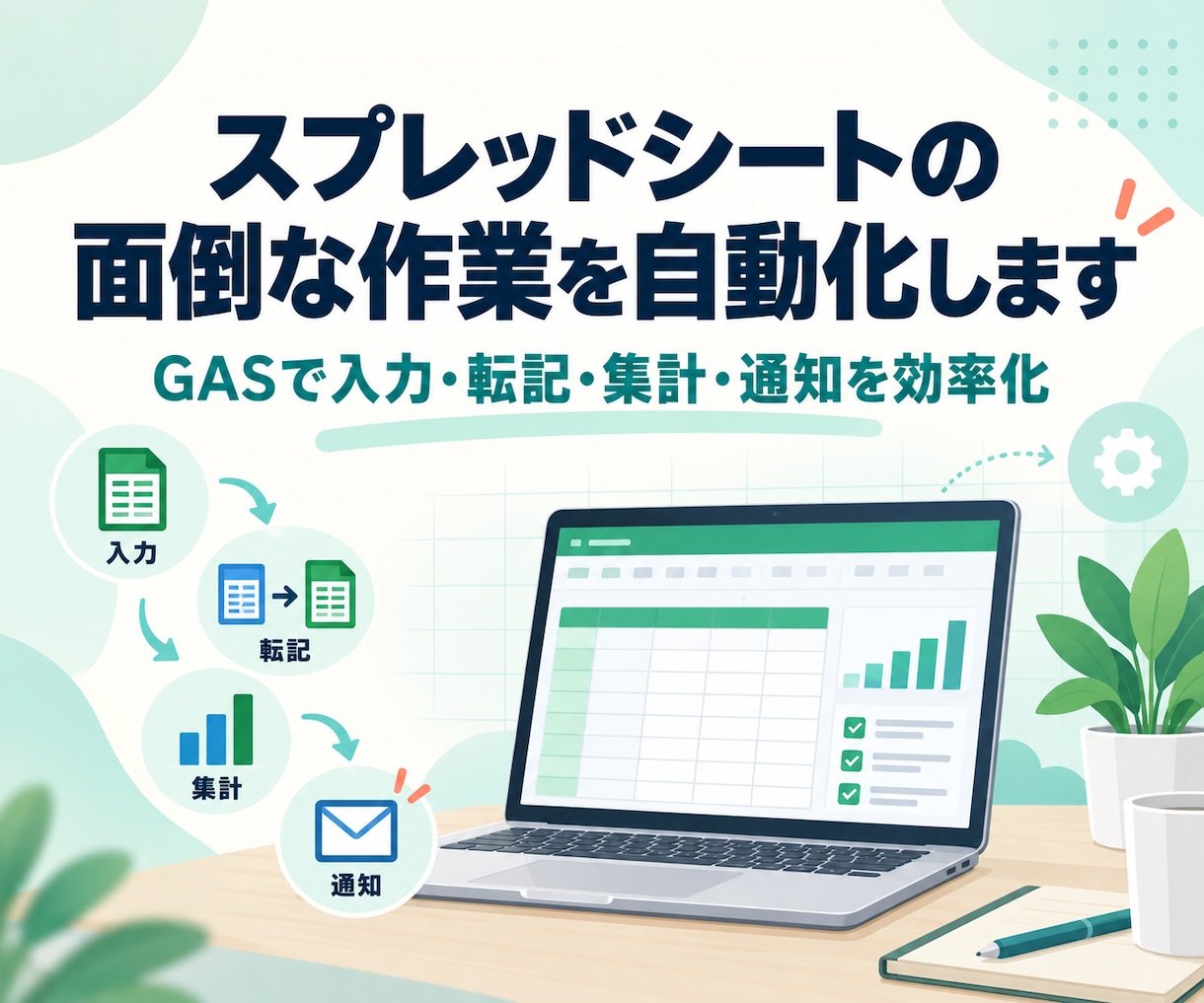 スプレッドシートの面倒な作業を自動化します GASを活用し、入力・転記・集計・通知の手間を減らします！ イメージ1